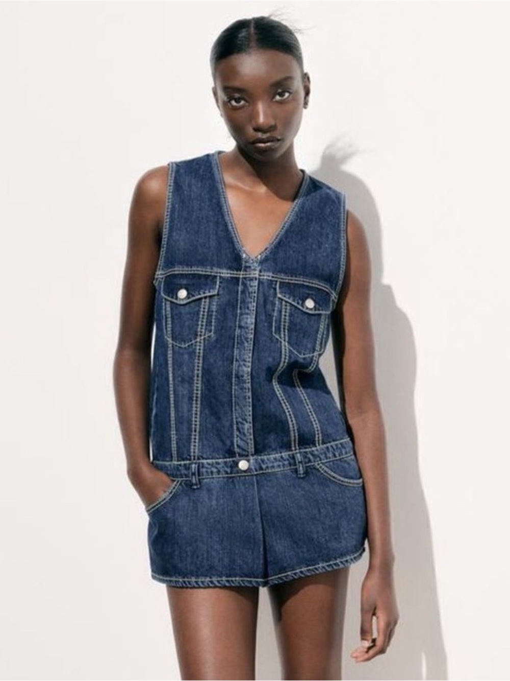 Zara Denim Romper Vest Dress